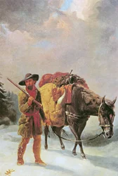 Pelsfanger krysser fjellene (olje på lerret)