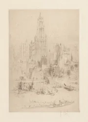 Downtown Manhattan fra East River, med Woolworth Building