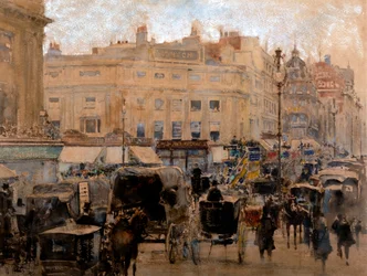 Rush Hour, Oxford Circus (akvarell med ferniss og kroppsfarge på tonet papir)
