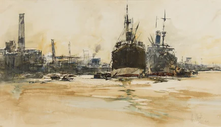The Pool of London, 1924 (penn, pensel, blekk, wc og gouache på papir)