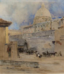 Vatikanet: Det hellige kontor og Dome of St Peters, Roma (penn, pensel, wc, blekk og gouache på papir)