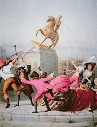 New York-patrioter trekker ned statuen av George III på Bowling Green, 9. juli 1776