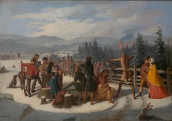 Scener fra Pioneers av Cooper, Deerslayer på Shooting Match, ca. 1850.