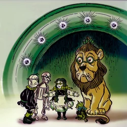 The Wonderful Wizard of Oz - The Wizard of Oz: tegning av Denslow, William Wallace (1856-1915) for en av de første utgavene av Frank Baums bok (1856-1919) - Foran Emerald City Palace Dorothee (Dorothy) og vennene hans, hunden Toto, skrekken