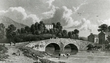 Greta Hall og Keswick Bridge, gravert av E. Francis, 1842