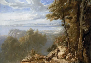 Utsikt over Port Bowen (Australia), august 1802, under Matthew Flinders (1774-1814) sin ekspedisjon på Investigator mellom 1801 og 1803, for å kartlegge de sørlige landene. Maleren var en del av ekspedisjonen.