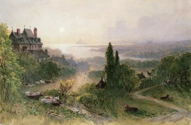 Landskap med et stort hus