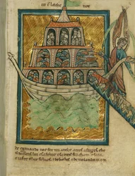 Dyrene går inn i Noahs ark, ca. 1250 (blekk og maling på pergament)