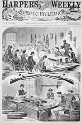 Menn og kvinner fyller patroner i arsenalet i Watertown, Massachusetts, fra Harper