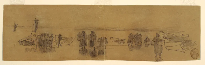 Tegning, Strand med fire fiskebåter, Cullercoats, England, 1881–82