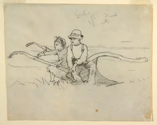 Tegning, gutt og jente sittende på en plog, 1879