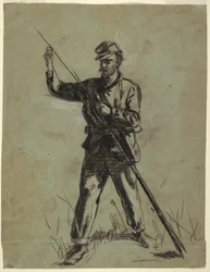 Tegning, kavalerisoldat som lader en gevær, 1863–64