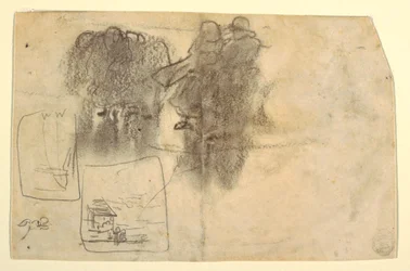 Tegning, figurer i le av en bygning med havet bortenfor, Cullercoats, England, 1881
