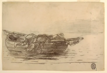 Tegning, Fiskere som klatrer over reling, Cullercoats, England, 1881–82