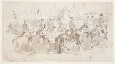 Tegning, general McClellans sjette kavaleriregiment legger ut i Alexandria for Old Point Comfort, 2. april 1862