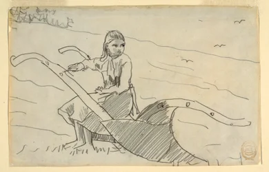 Tegning, Jente sittende på en plog, 1879