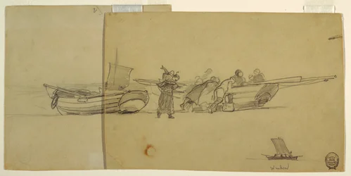Tegning, menn og kvinner som losser en fiskedory, Cullercoats, England, 1881–82