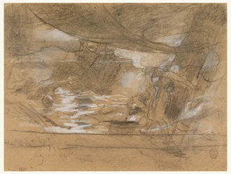 Tegning, skipsdekk med to kvinner, muligens 15. juli 1886