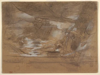 Tegning, skipsdekk med to kvinner, muligens 15. juli 1886