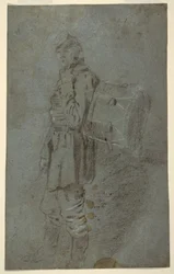 Tegning, sidevisning av en trommeslager, ca. 1864