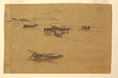 Tegning, skisser av dorier på vogner, 1881