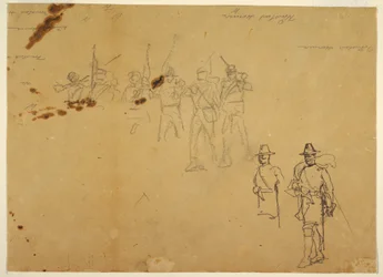 Tegning, skisser av enkeltstående infanterifigurer og øvelsessignaturer, 1862