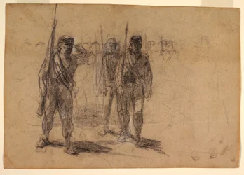 Tegning, soldater som borer, sannsynligvis 1864