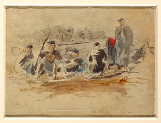 Tegning, soldater sittende i en gruppe, 1862