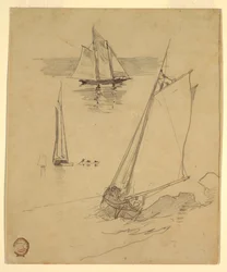 Tegning, tre skisser av skonnerter, sannsynligvis 1880