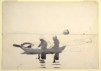 Tegning, to figurer i en robåt, 1880