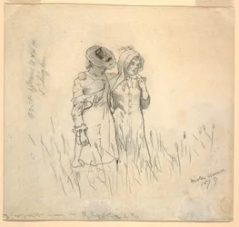 Tegning, To jenter på et jorde, 1879