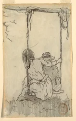 Tegning, To jenter i en huske, 1879