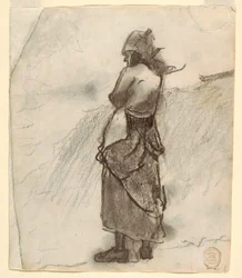 Tegning, kvinne som ser ut mot havet, Cullercoats, England, 1881–82