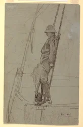 Tegning, ung mann lent mot seilbåtrigg, sannsynligvis 1861–62
