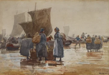 Fiskere på stranden ved Cullercoats