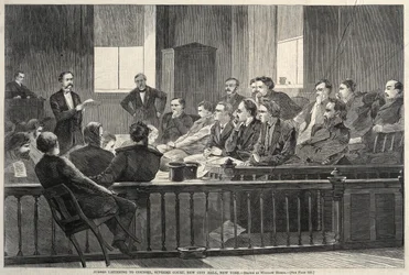 Jurymedlemmer lytter til advokat, Høyesterett, New City Hall, New York, 1869.