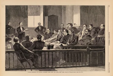 Jurymedlemmer lytter til advokat, Høyesterett, New City Hall, New York, fra Harper#39;s Weekly, 20. februar 1869