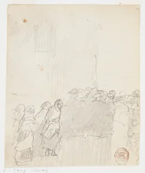 Menn og kvinner ser ut mot havet, Cullercoats, England