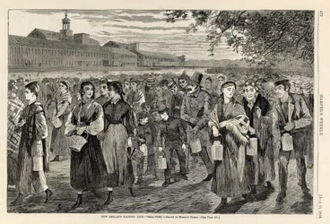 Fabrikklivet i New England – «Bell-Time», fra Harper#39;s Weekly, 25. juli 1868