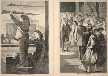 Thanksgiving-dagen -- Opphenging av musketen/Thanksgiving-dagen -- Kirkeverandaen, fra Frank Leslies illustrerte avis, 23. desember 1865