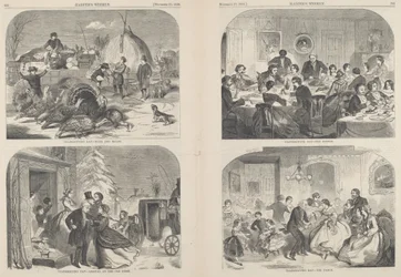 Thanksgiving Day - Ways and Means [øverst til venstre], utgitt 1858.