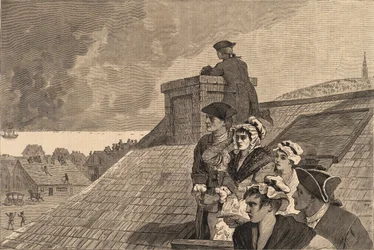 Slaget ved Bunker Hill – sett kampen fra Cobb#39;s Hill i Boston, fra Harper#39;s Weekly, 26. juni 1875