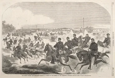 Unionskavaleriet og artilleriet startet i jakten på opprørerne oppover Yorktown Turnpike, 1862.