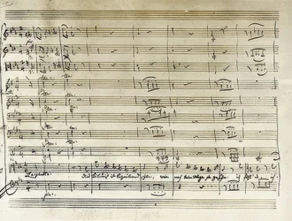 Egenhendig nedskrift av begynnelsen på Taminos portrettarie fra Tryllefløyten. Noteskrift. 1791
