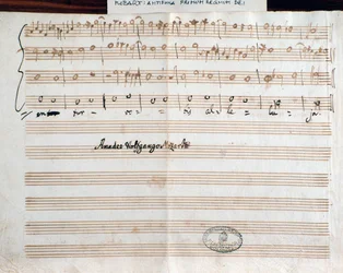 Side med komponistens signatur av Querite for første gang i Guds rike av Mozart for å oppnå tittelen Accademico filarmonico (1770)