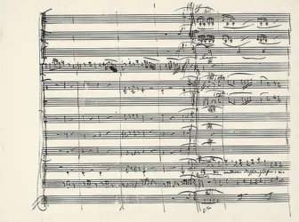 Wolfgang Amadeus Mozart (1756-1791) østerriksk komponist. Autograf på slutten av ildmusikken og begynnelsen på duetten Paminas og Taminos (Vi gikk gluten gjennom ilden) fra Tryllefløyten. 1791