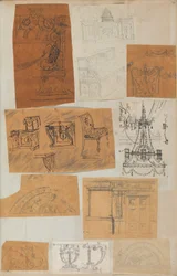 Side fra en utklippsbok som inneholder tegninger og flere utskrifter av arkitektur, Int..., ca. 1800-1850. Skapere: Workshop av Charles Percier, Workshop av Pierre François Léonard Fontaine.