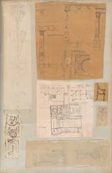 Side fra en utklippsbok som inneholder tegninger og flere utskrifter av arkitektur, Int..., ca. 1800-1850. Skapere: Workshop av Charles Percier, Workshop av Pierre François Léonard Fontaine.