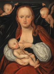 Madonnaen og barnet foran et forheng holdt av to engler