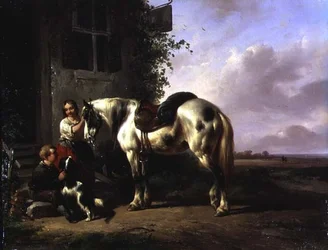 Eksteriør av et vertshus med ung jente, gutt, hund, hest